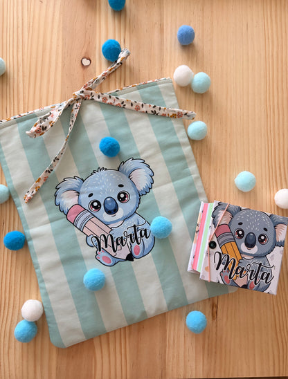 funda para Ipad 100% algodón y porta notas con diseño koala y el nombre