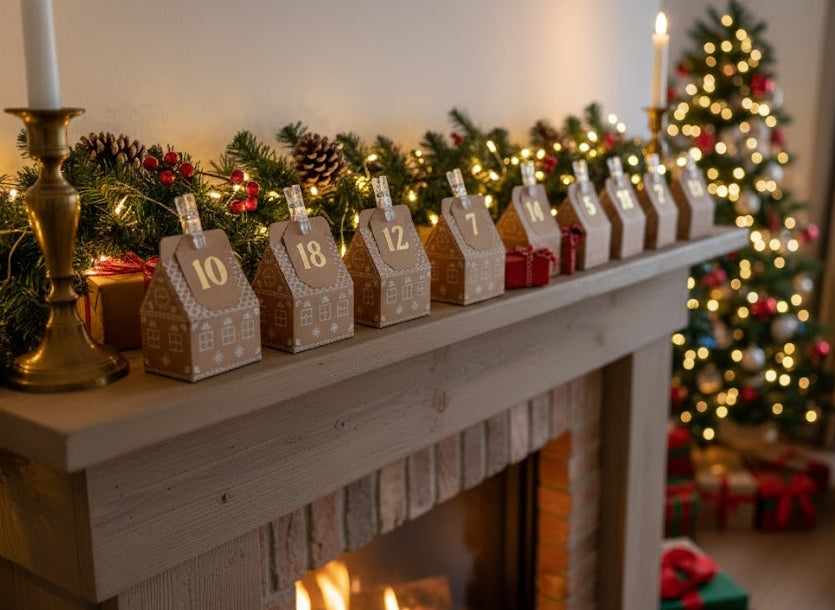 Calendario de adviento de casitas de jengibre, sobre una chimenea encendida en una escena navideña cálida y acogedora.