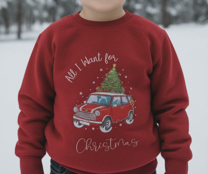 niño-sudadera-coche-navidad-árbol-retro