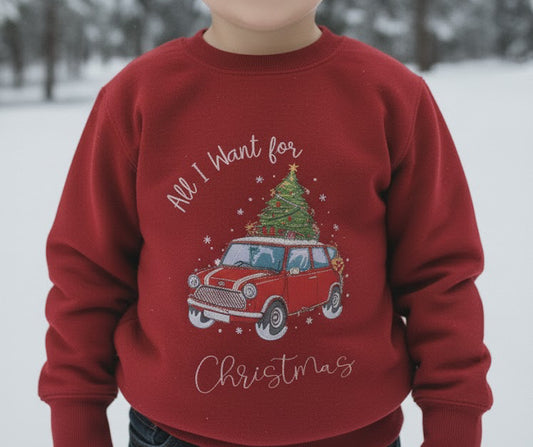 niño-sudadera-coche-navidad-árbol-retro